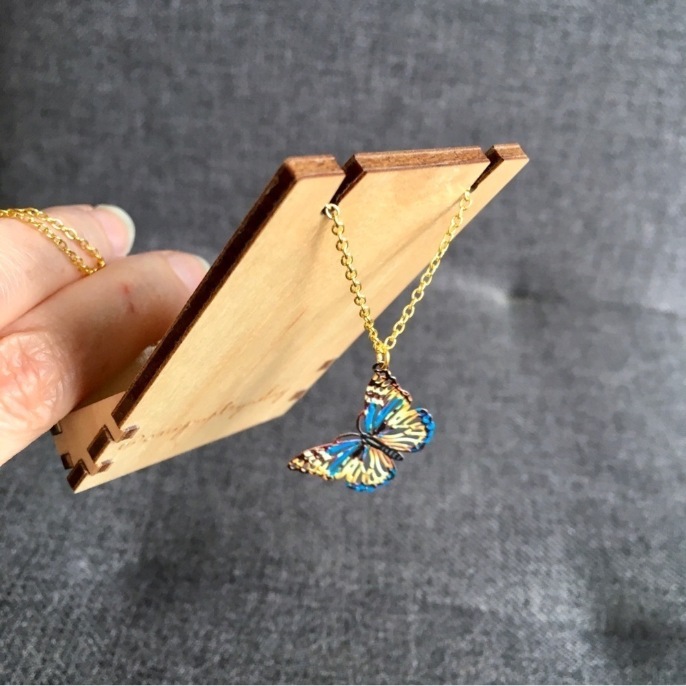 Colorful Filigree Butterfly Pendant Fashion Necklace, Blue, Yellow, 18 inches - Picture 5 of 17